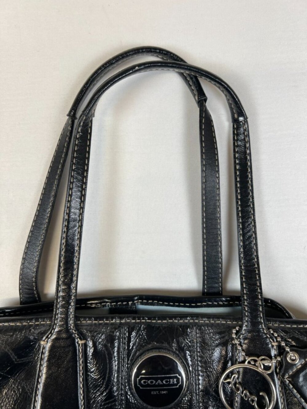 Coach Signature Stitch Frame Carryall Black Patent Leather Bag F15658 - Picture 14 of 16